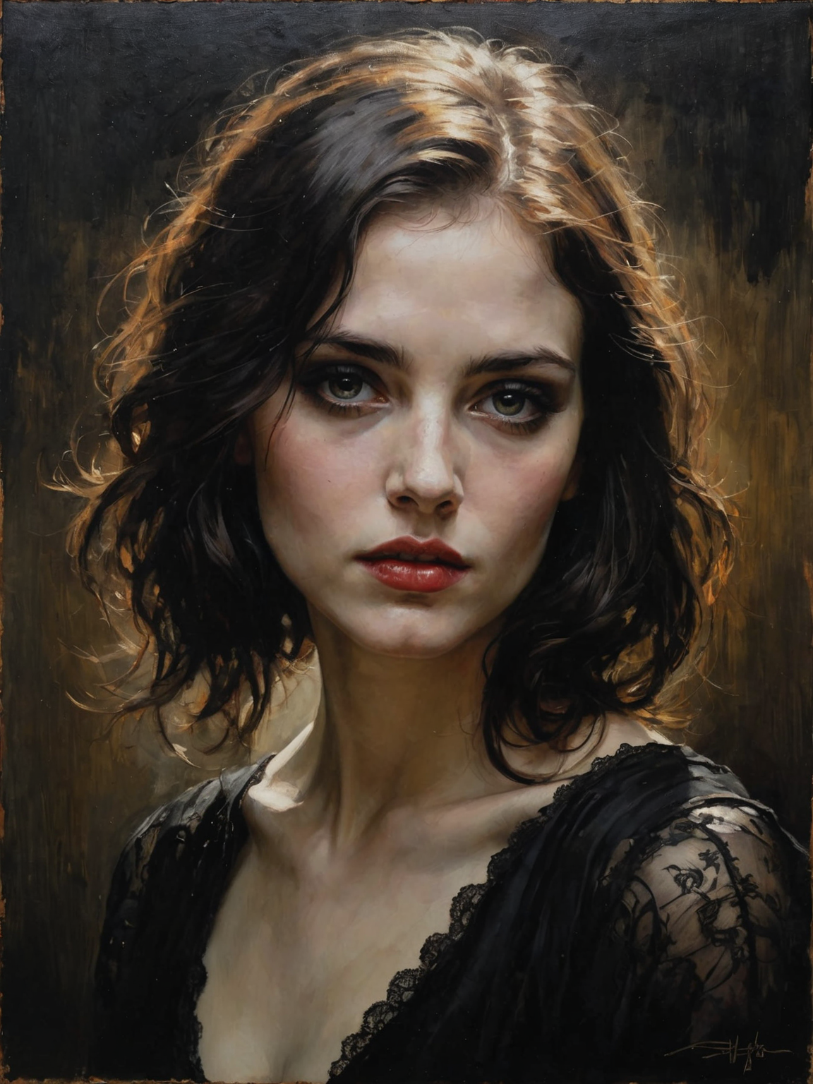 31073288-433200653537535-In Casey Baugh's evocative style, a Gothic girl emerges from the depths of darkness, her essence a captivating blend of mystery.png